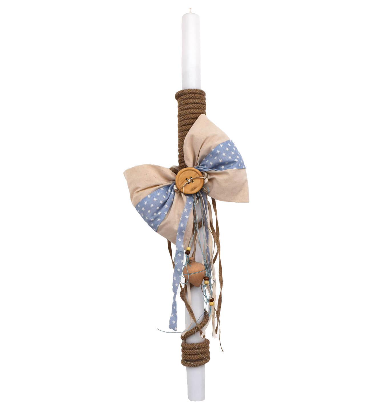 NstNastasia Λαμπάδα Βάπτισης Σιελ Μπεζ Φιόγκος Κουμπί Σβούρα Ξύλινα 0539