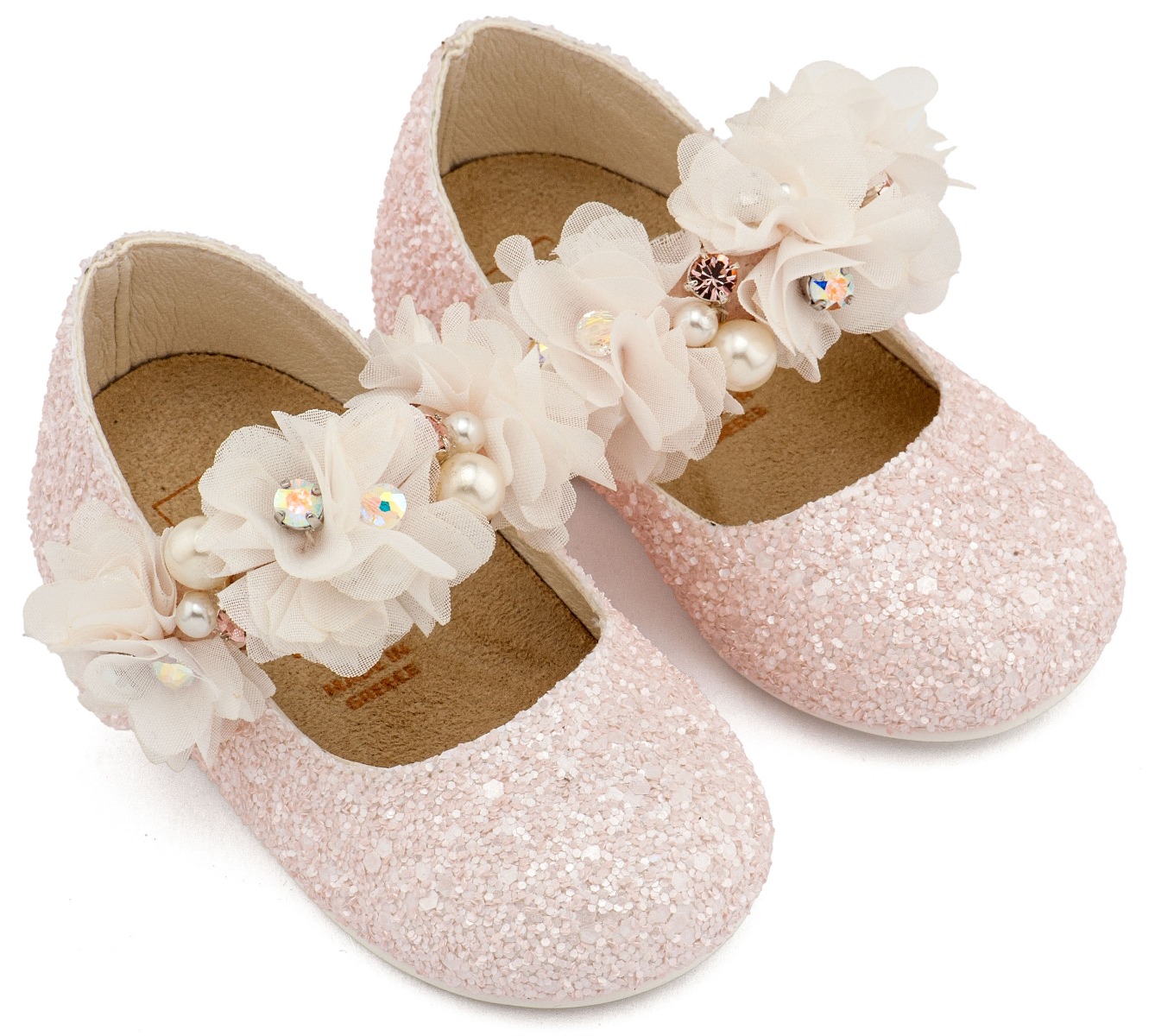 Babywalker Βαπτιστικά Γοβάκια Μονή Μπαρέτα Στρας με Λουλούδια Πέρλες και Κρύσταλα Swarovski LU6118 Ροζ