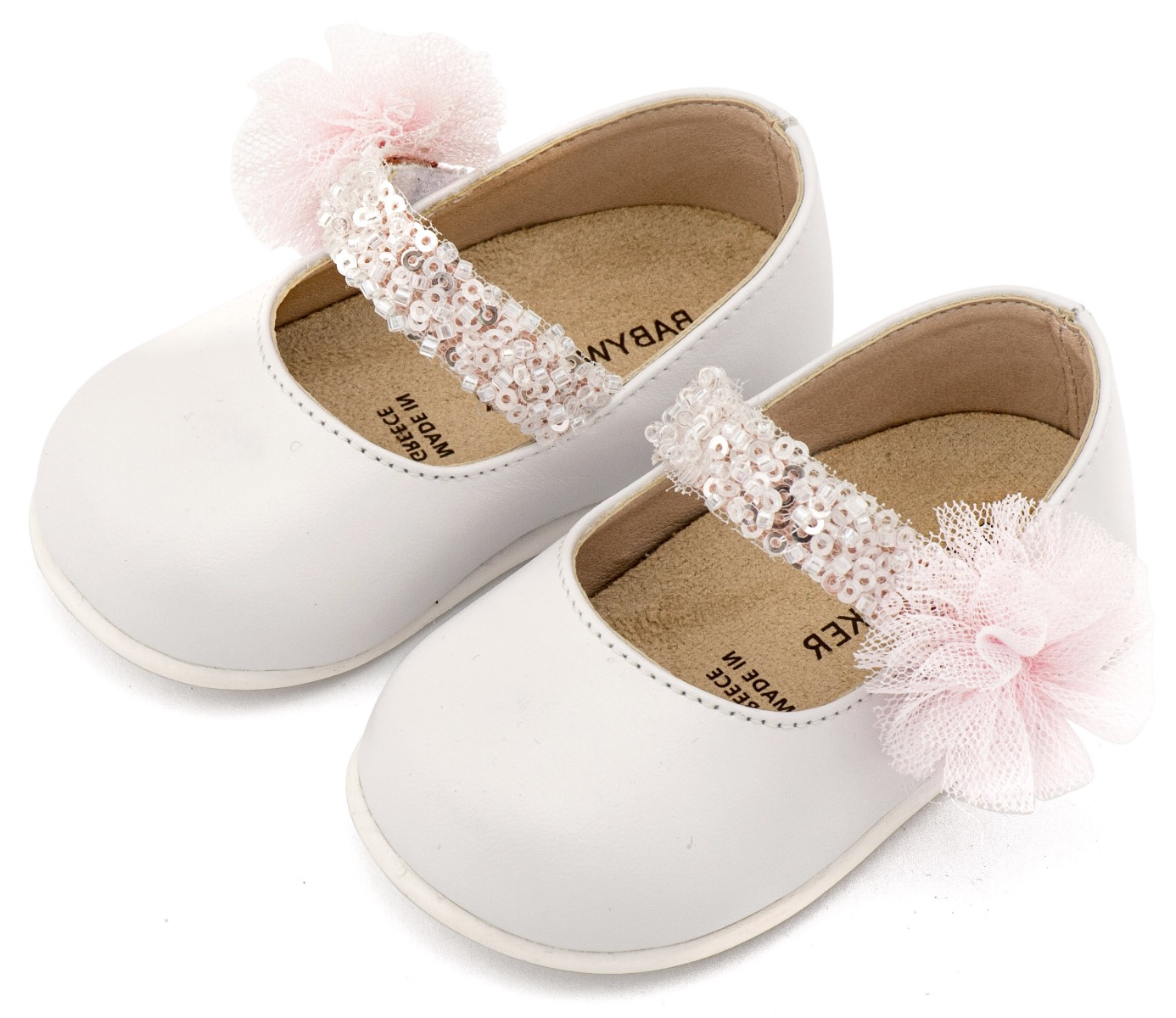 Babywalker Βαπτιστικά Γοβάκια Μονή Μπαρέτα Διακοσμημένο με Τρέσα και Τούλινο Πον Πον PRI2657 Λευκό Ροζ