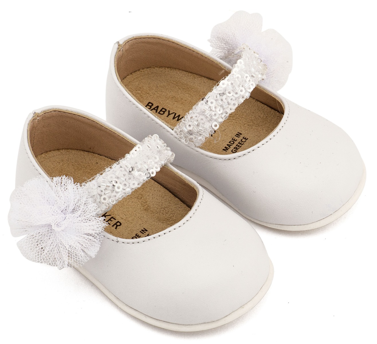 Babywalker Βαπτιστικά Γοβάκια Μονή Μπαρέτα Διακοσμημένο με Τρέσα και Τούλινο Πον Πον PRI2657 Λευκό