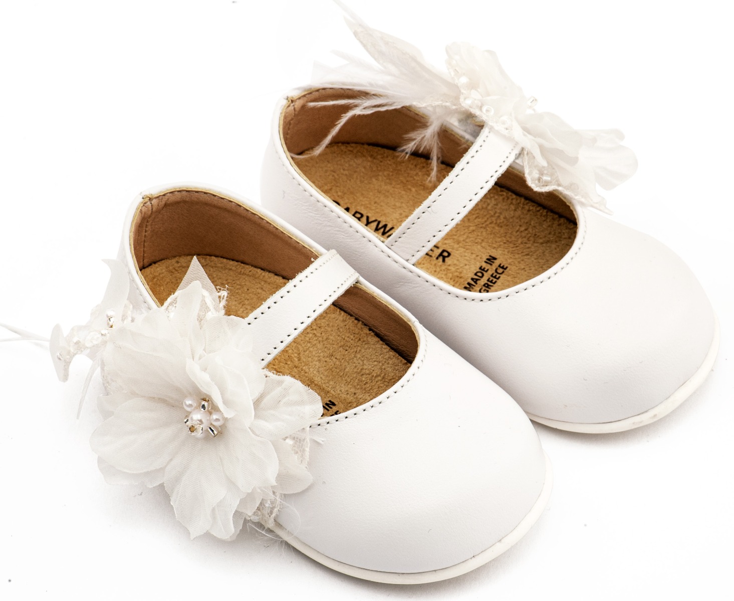 Babywalker Βαπτιστικά Γοβάκια Μονή Μπαρέτα Χειροποίητο Λουλούδι με Πούπουλα PRI2658 Λευκό